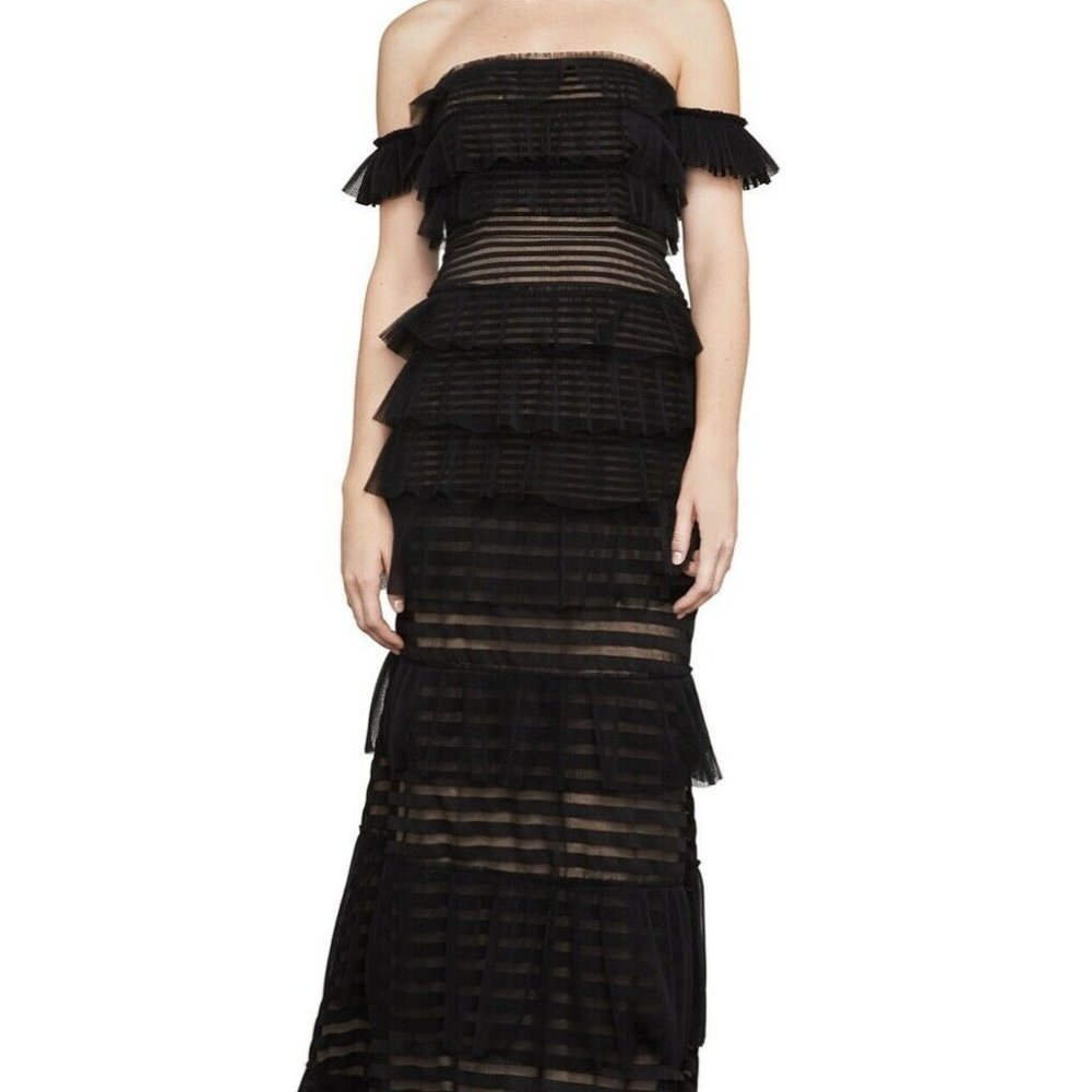 BCBG Elora sheer black ruffled off shoulder gown new with tags $498 size 2